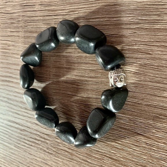 Black Agate Stone Buddha Head Bead Bracelet - Picture 3 of 5